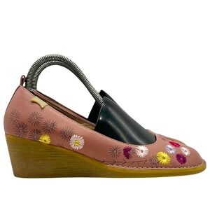 Camper Pink Leather Floral Embroidered Wedge Pumps Shoes Womens 38